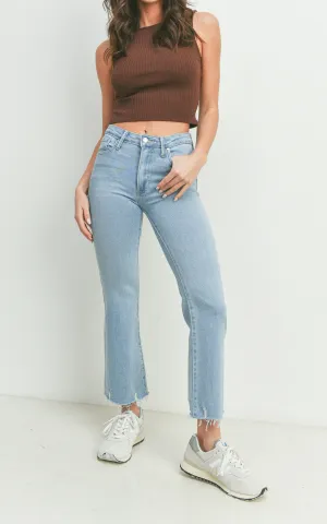 HIGH-RISE CROP FLARE W/DISTRESSED HEM JEANS (LIGHT DENIM)