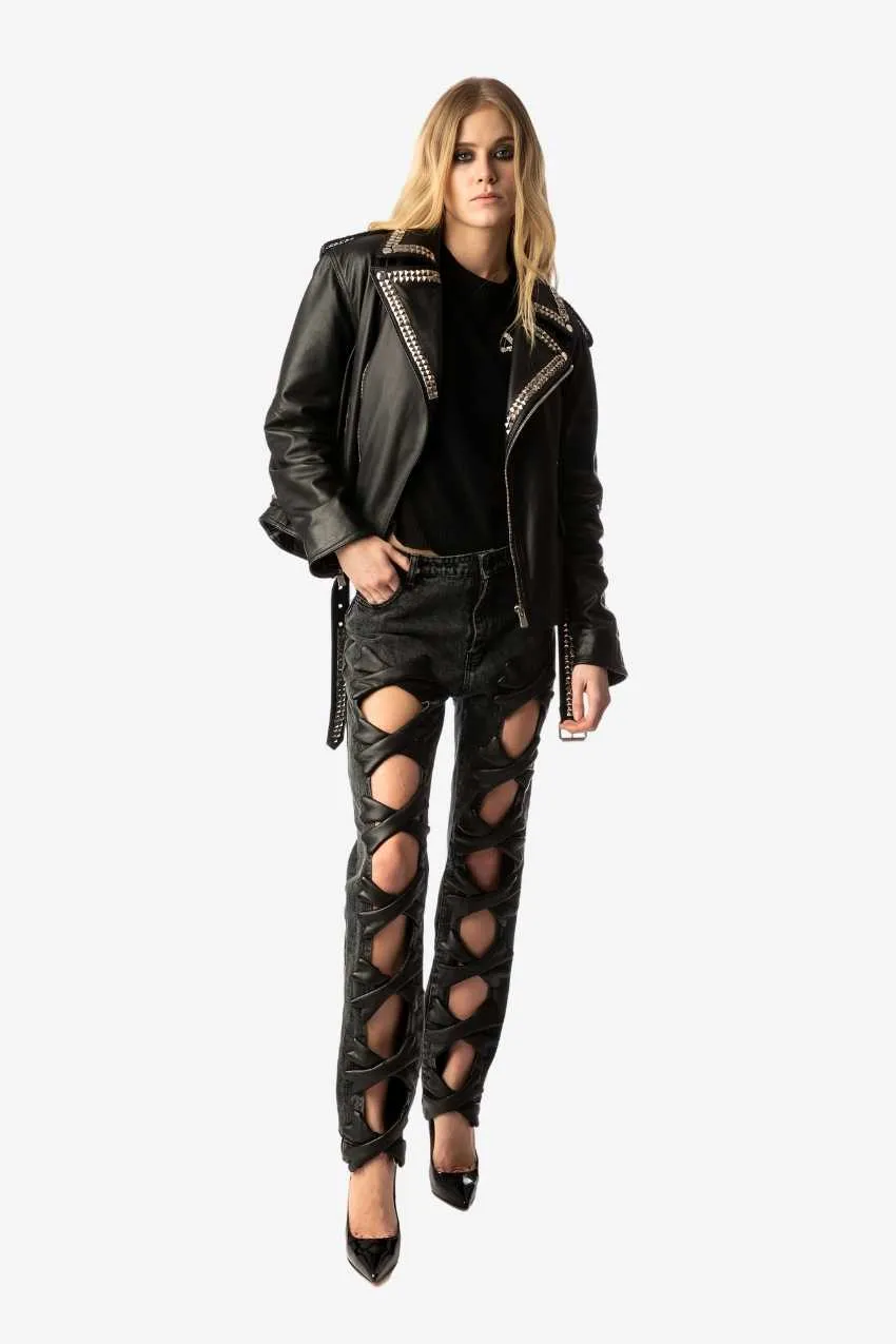 I DON'T GIVE A CHIC Studded Leather Jacket