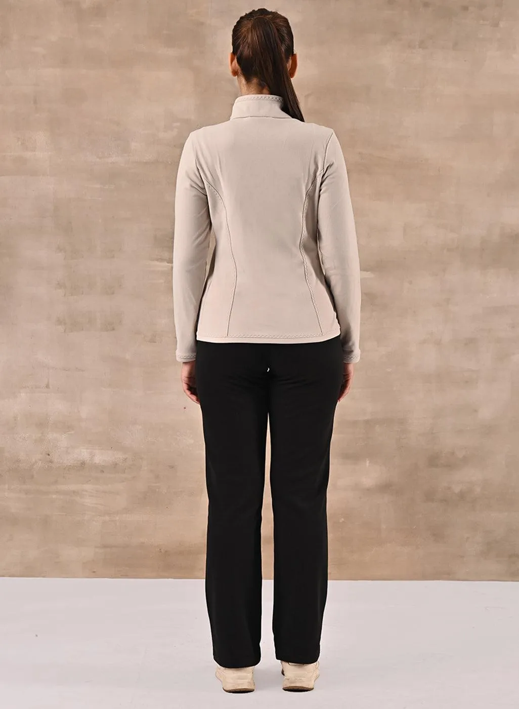 Ivory Woolen High Neck Jacket with Zig Zag Stitch Detail