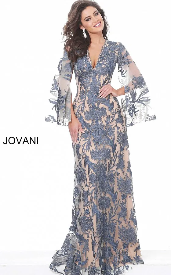 Jovani 00752 Long Lace Formal Evening Dress Long Drape Sleeve Maxi Gown