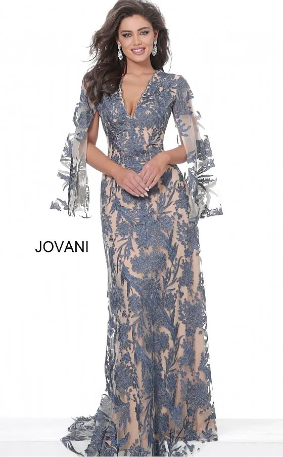 Jovani 00752 Long Lace Formal Evening Dress Long Drape Sleeve Maxi Gown