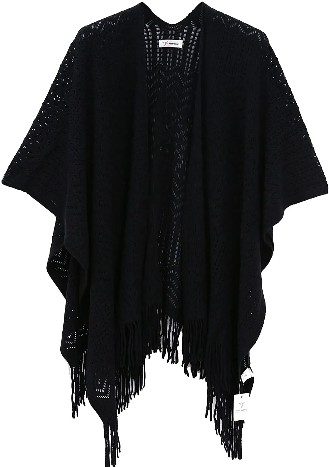 Knit Shawl Wrap for Women - Soul Young Ladies Fringe Knitted Poncho Cardigan Cape