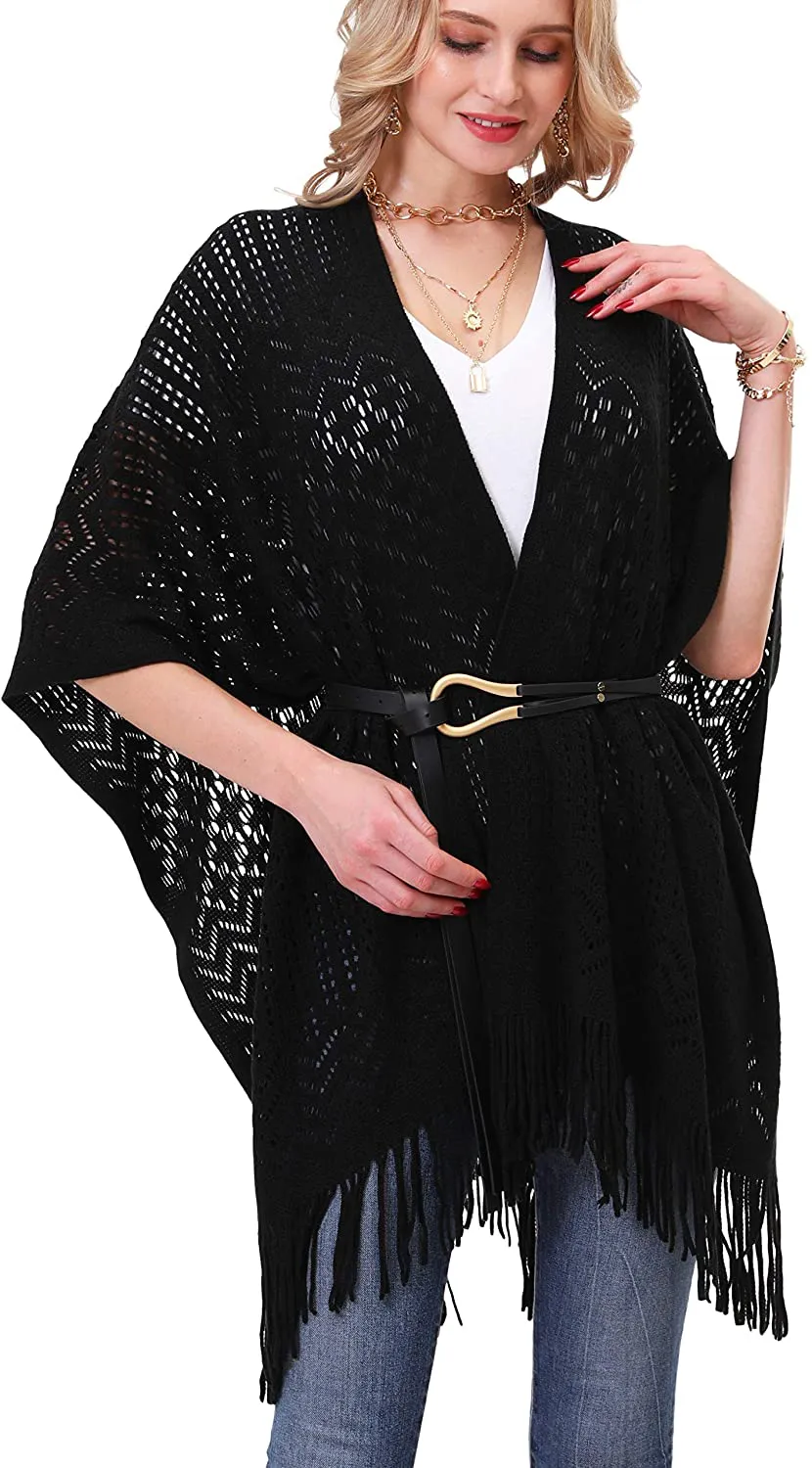 Knit Shawl Wrap for Women - Soul Young Ladies Fringe Knitted Poncho Cardigan Cape