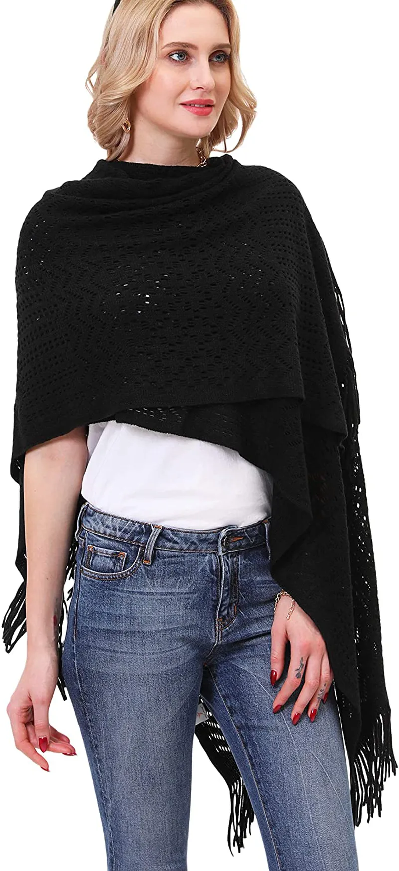 Knit Shawl Wrap for Women - Soul Young Ladies Fringe Knitted Poncho Cardigan Cape