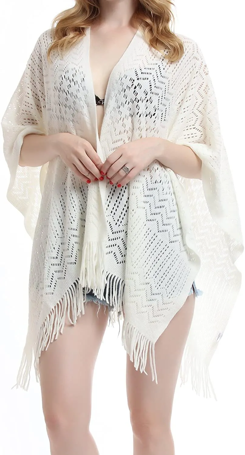 Knit Shawl Wrap for Women - Soul Young Ladies Fringe Knitted Poncho Cardigan Cape