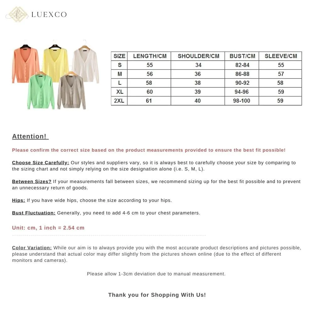 Luexco Women's Cardigan Long Sleeve Button V Neck Solid