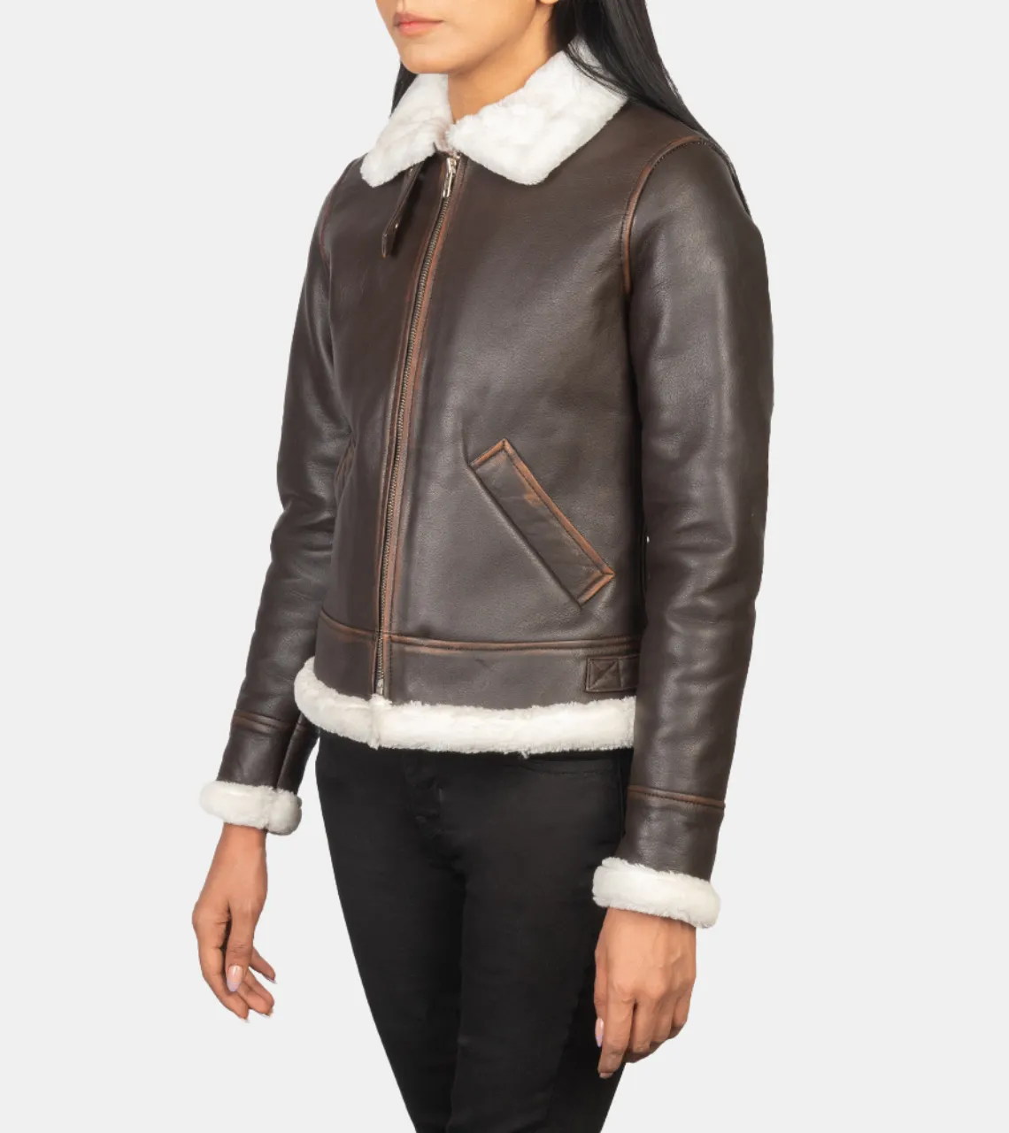 Maisiel Women's Brown Bomber Shearling Leather Jacket