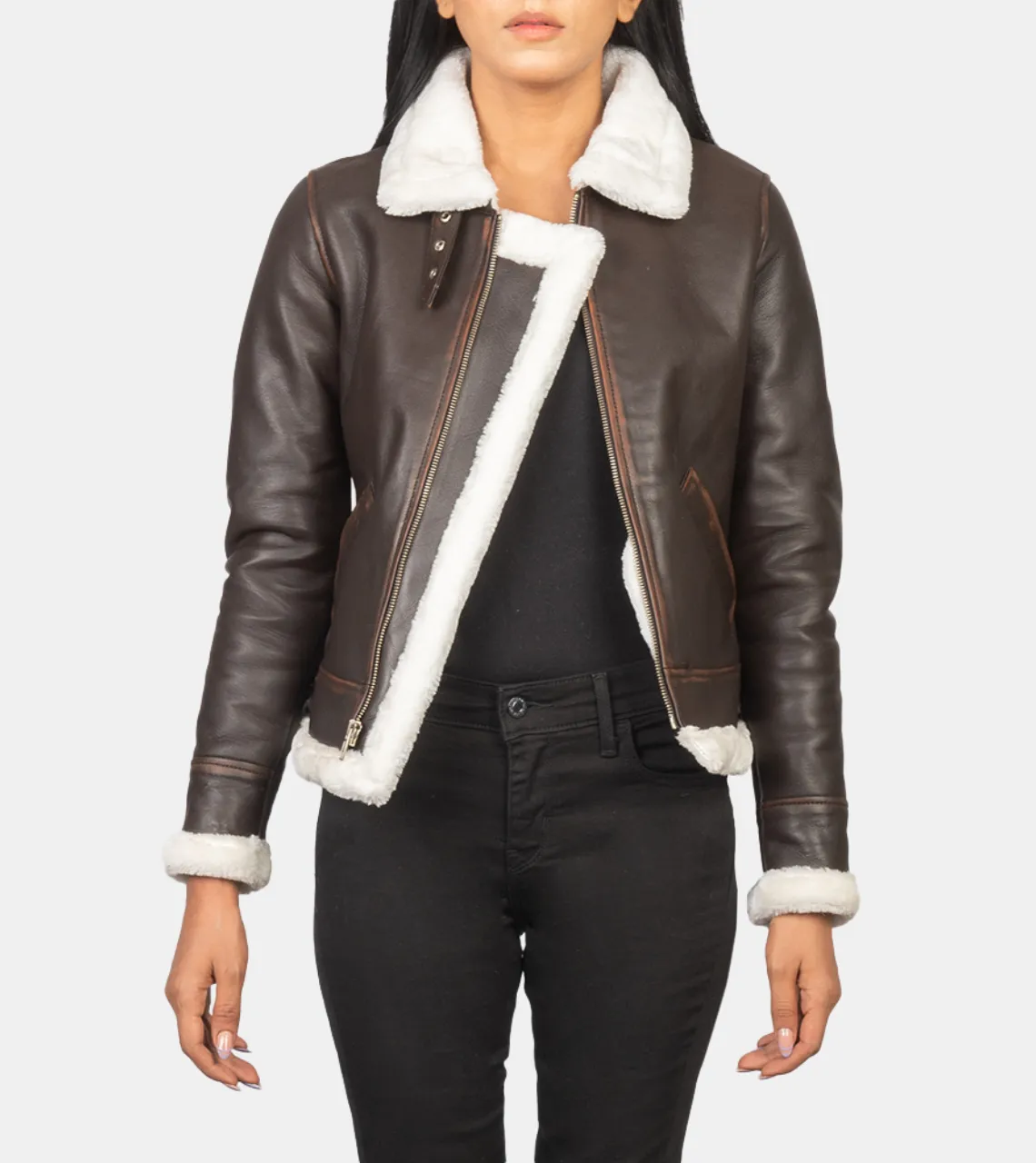 Maisiel Women's Brown Bomber Shearling Leather Jacket