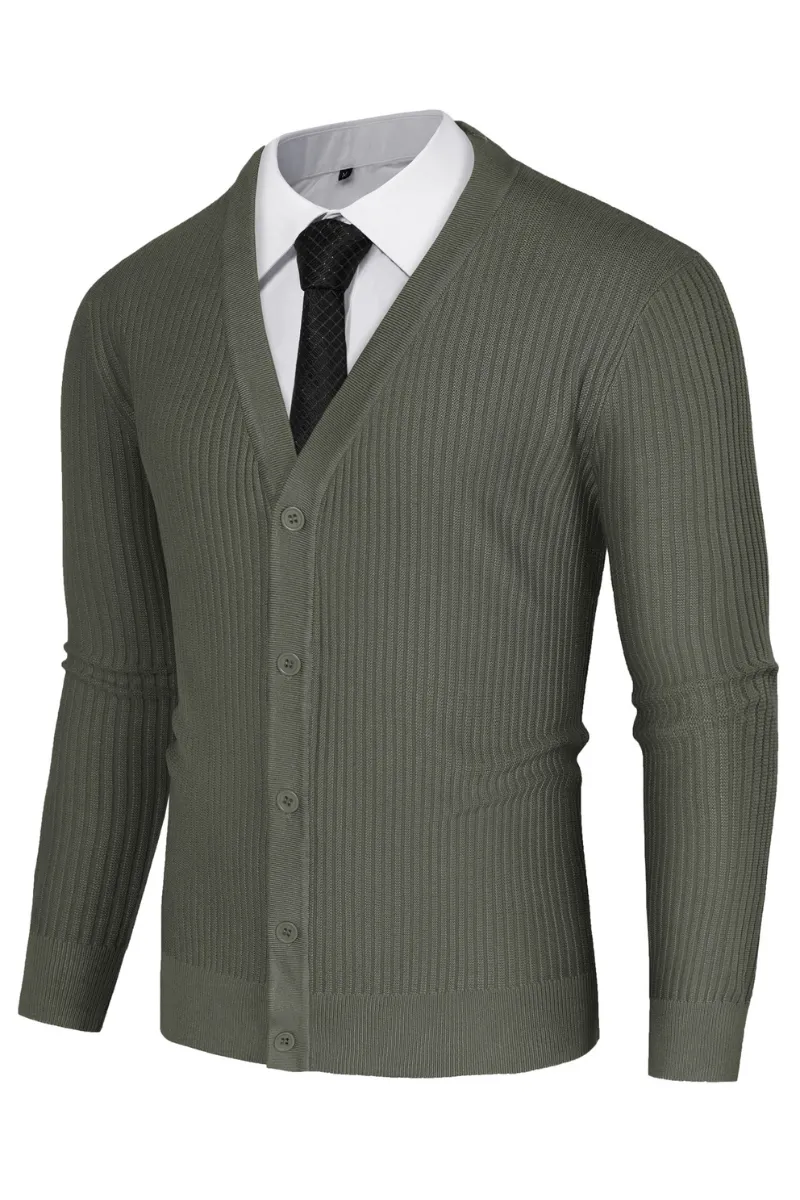 Men Ribbed Knitted Cardigan Long Sleeve V-Neck Button-up Sweater Knitwear