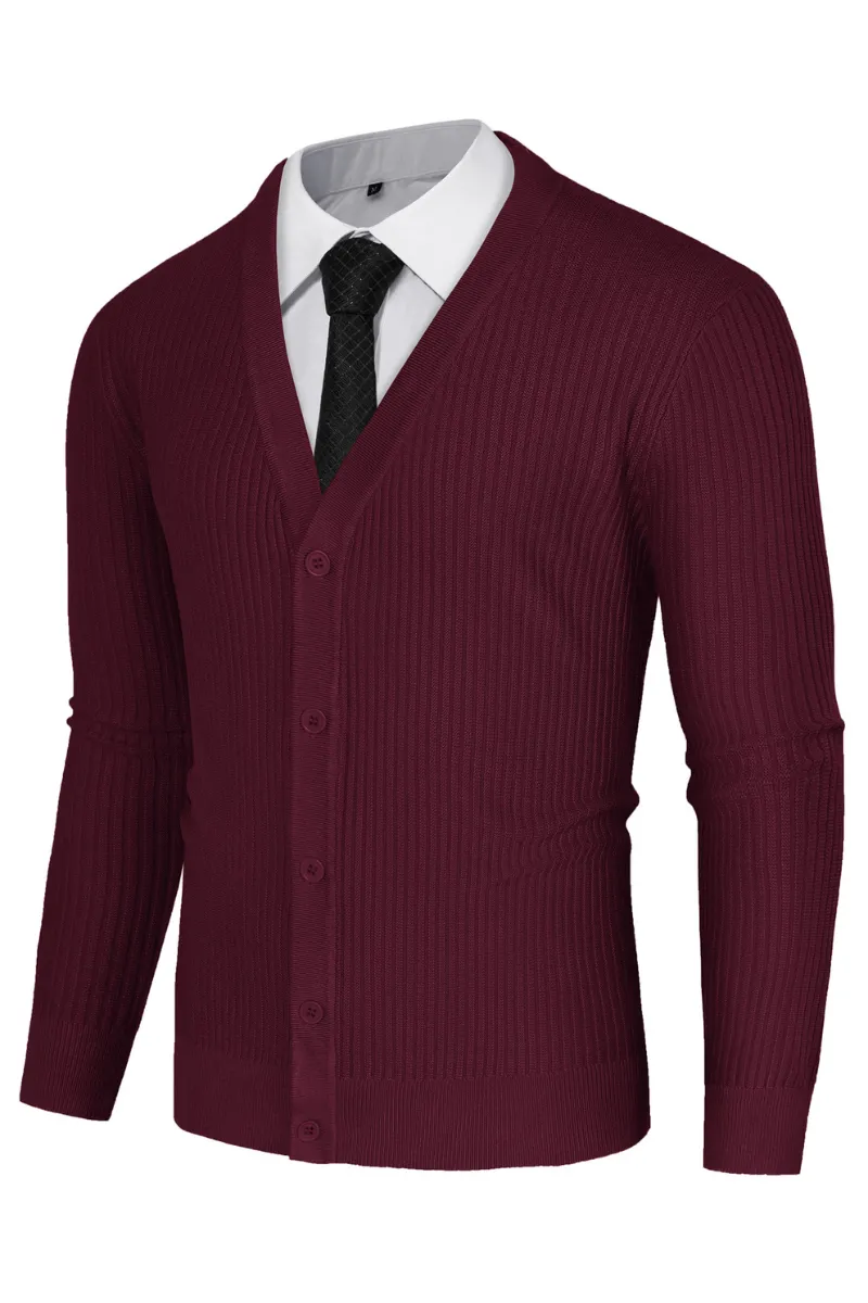 Men Ribbed Knitted Cardigan Long Sleeve V-Neck Button-up Sweater Knitwear