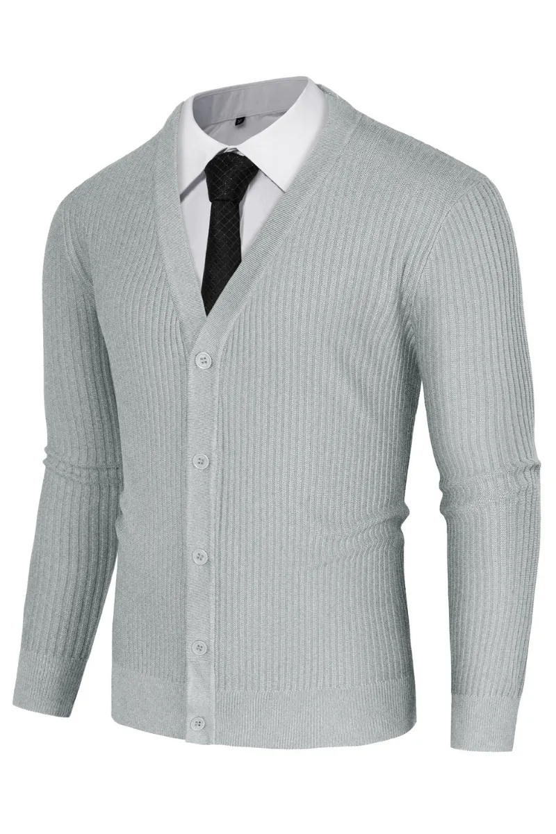 Men Ribbed Knitted Cardigan Long Sleeve V-Neck Button-up Sweater Knitwear