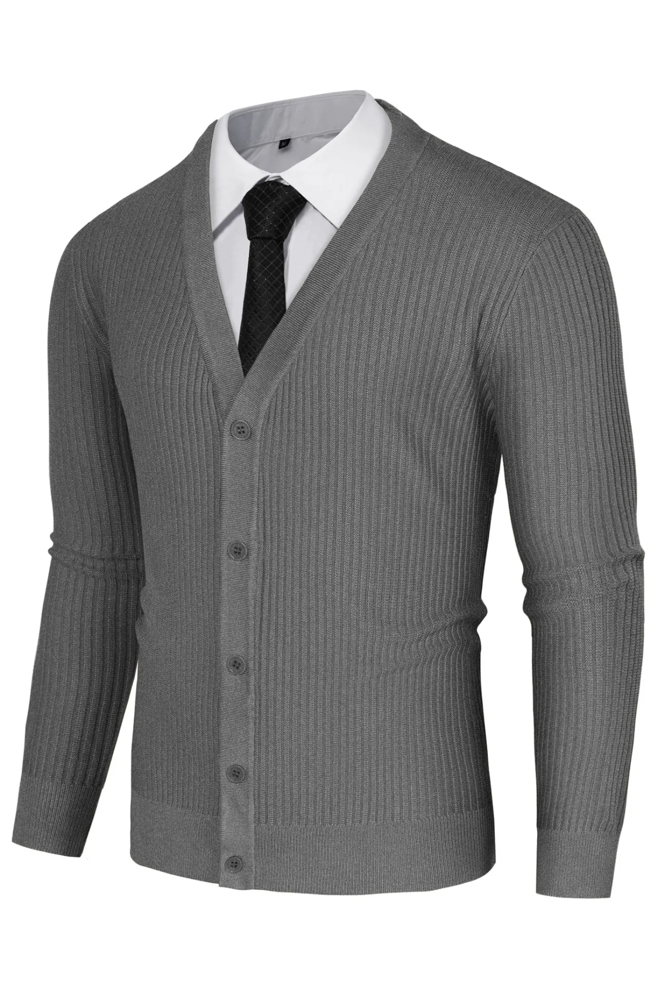 Men Ribbed Knitted Cardigan Long Sleeve V-Neck Button-up Sweater Knitwear