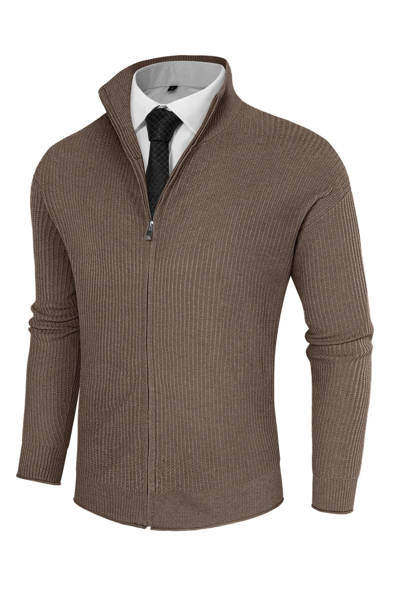 Men Zip-up Cardigan Long Sleeve Stand Collar Dropped Shoulder Sweater