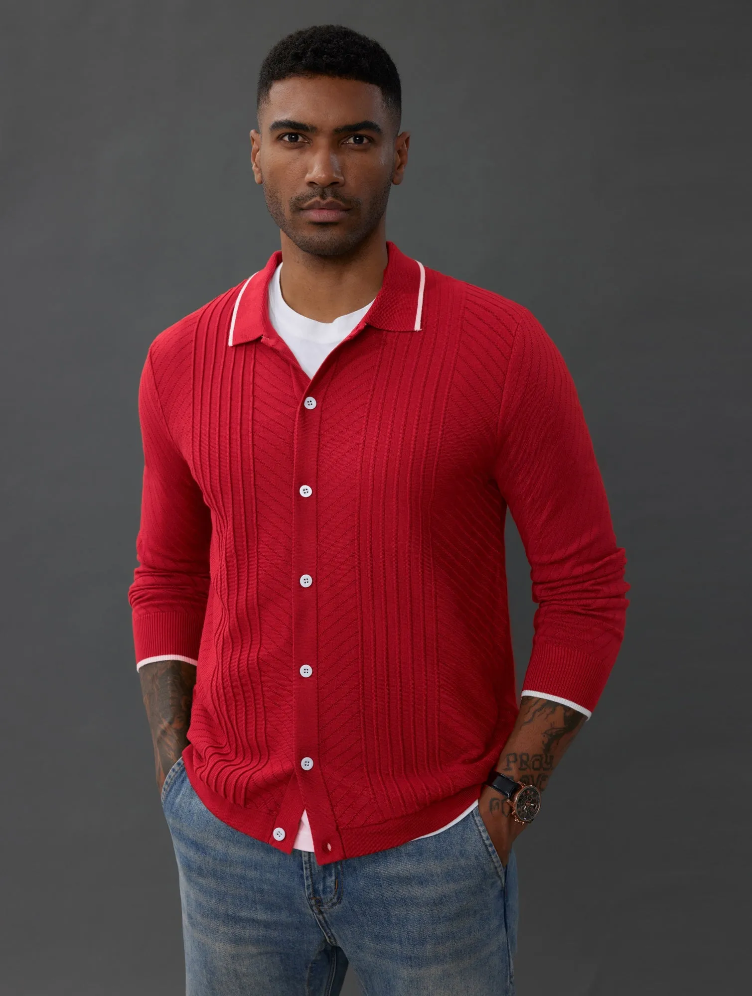 Mens Button Down Long Sleeve Cardigan Sweaters Cable Knit Polo Collar Knitwear Shirt