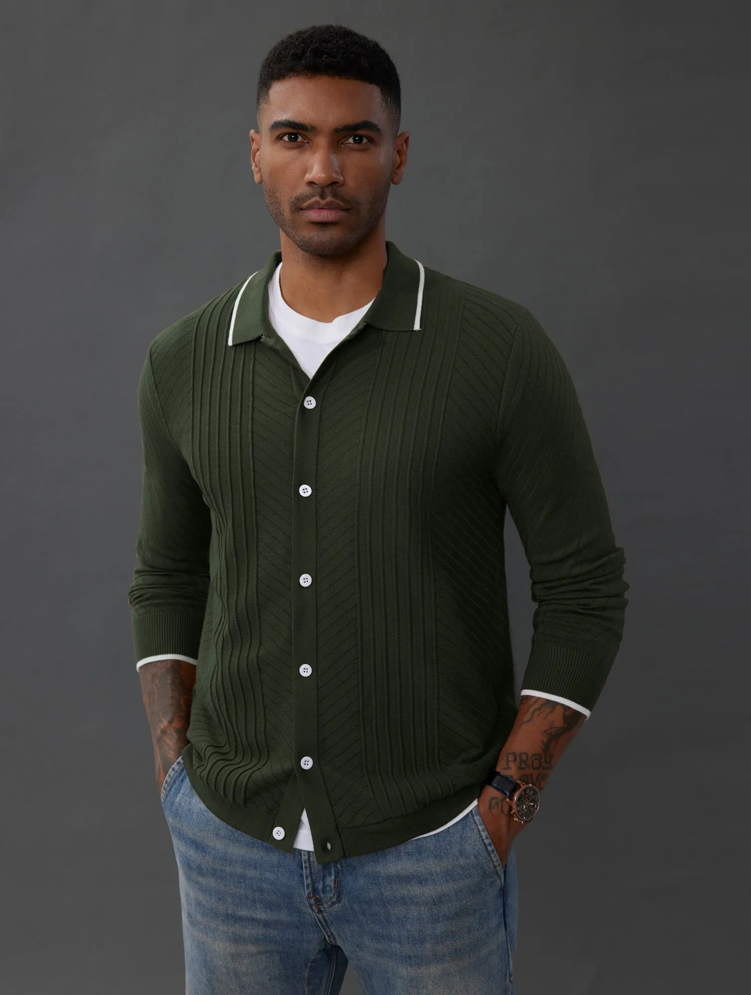 Mens Button Down Long Sleeve Cardigan Sweaters Cable Knit Polo Collar Knitwear Shirt