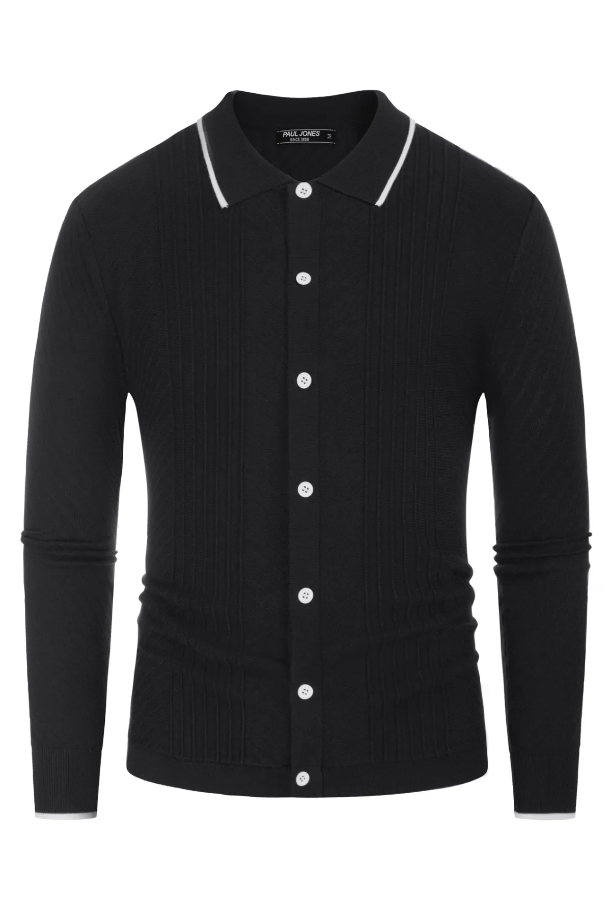 Mens Button Down Long Sleeve Cardigan Sweaters Cable Knit Polo Collar Knitwear Shirt