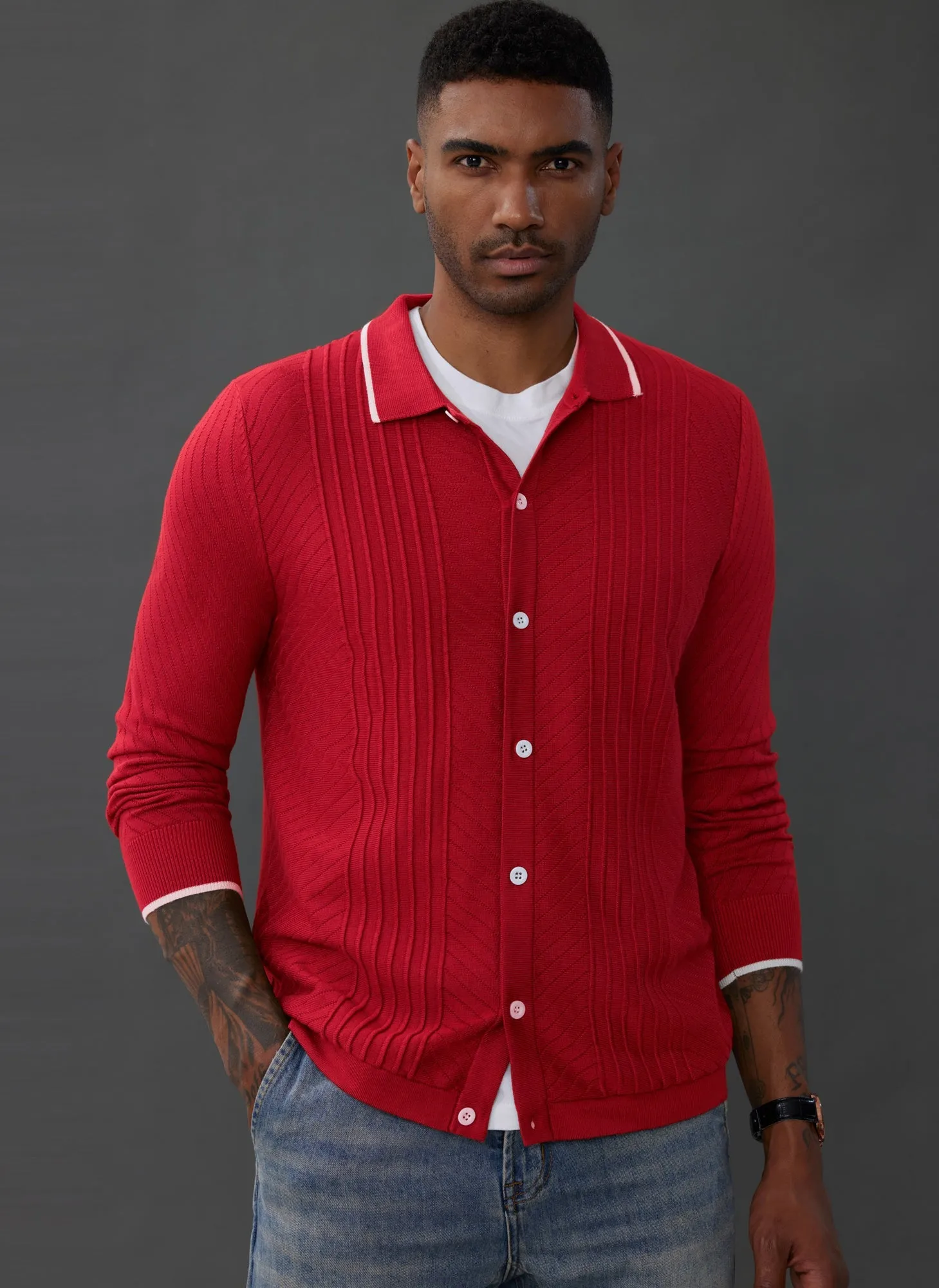 Mens Button Down Long Sleeve Cardigan Sweaters Cable Knit Polo Collar Knitwear Shirt