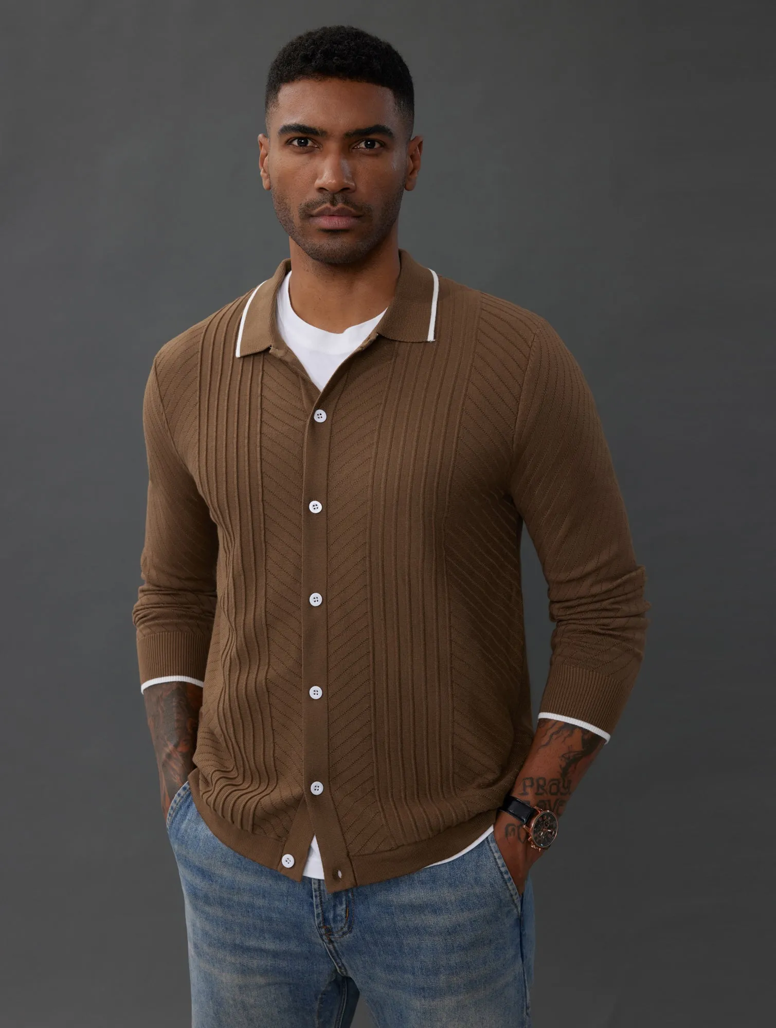 Mens Button Down Long Sleeve Cardigan Sweaters Cable Knit Polo Collar Knitwear Shirt