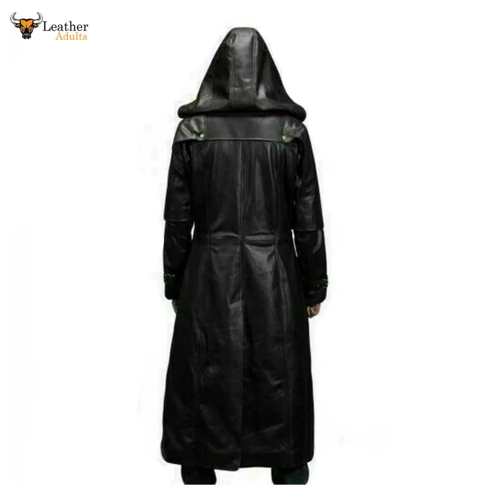 Mens Huntsman Black Hooded Cowhide Leather Steampunk Goth Matrix Trench Coat