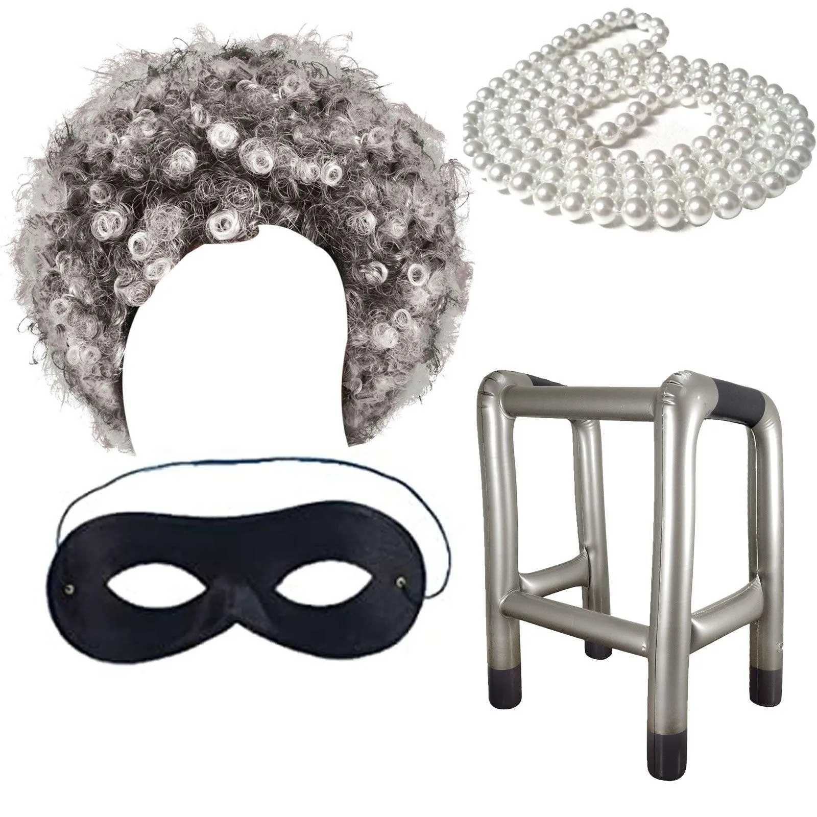 Old Lady Granny Grandma Costume Set - Grey Afro Wig, Domino Eye Mask, Pearl Necklace, Zimmer Frame - Adults Burglar