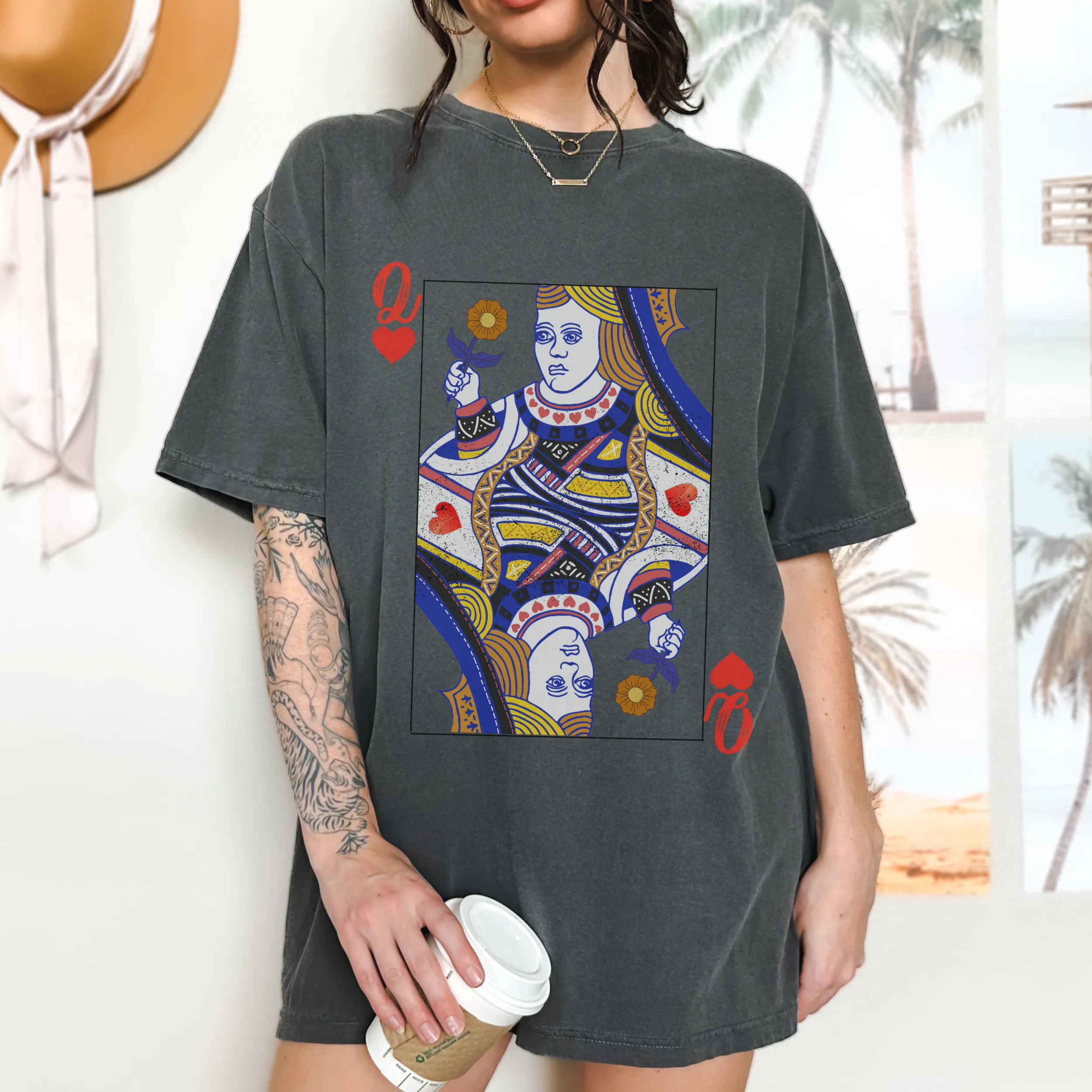 Queen of Hearts Comfort Colors® T-Shirt, T-Shirt Dress Shirt, Graphic Tee, Oversized print, BOHO, Queen Playing Card