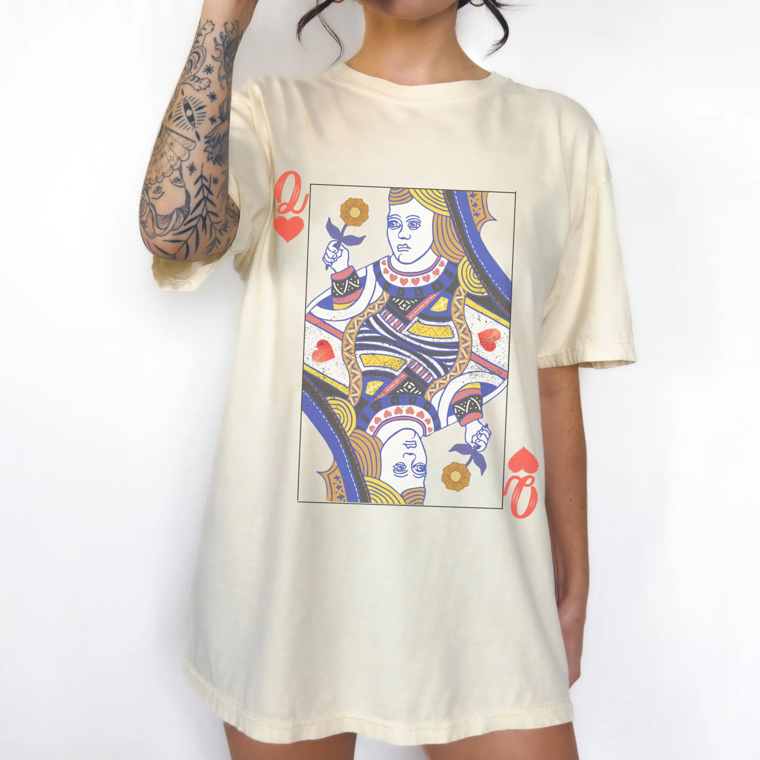 Queen of Hearts Comfort Colors® T-Shirt, T-Shirt Dress Shirt, Graphic Tee, Oversized print, BOHO, Queen Playing Card