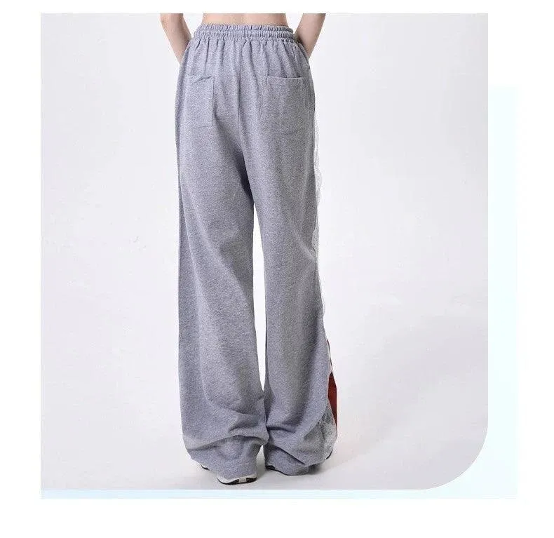 Rayohopp Women'S Wide-Leg Sweatpants - Gray Drawstring Lounge Pants With Lace And Striped Side Panel