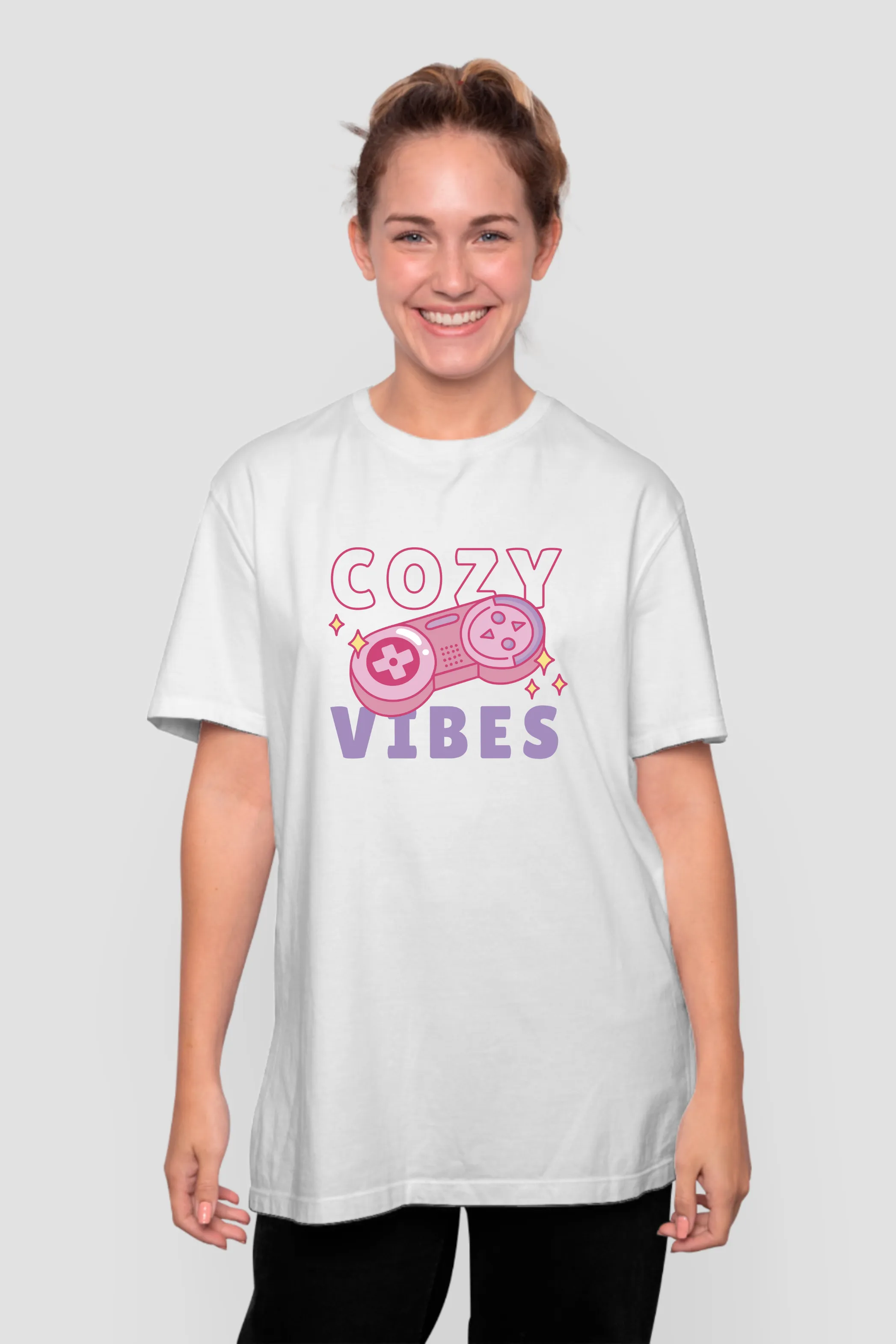 Retro Cozy Vibes White Printed Oversized T-shirt for women