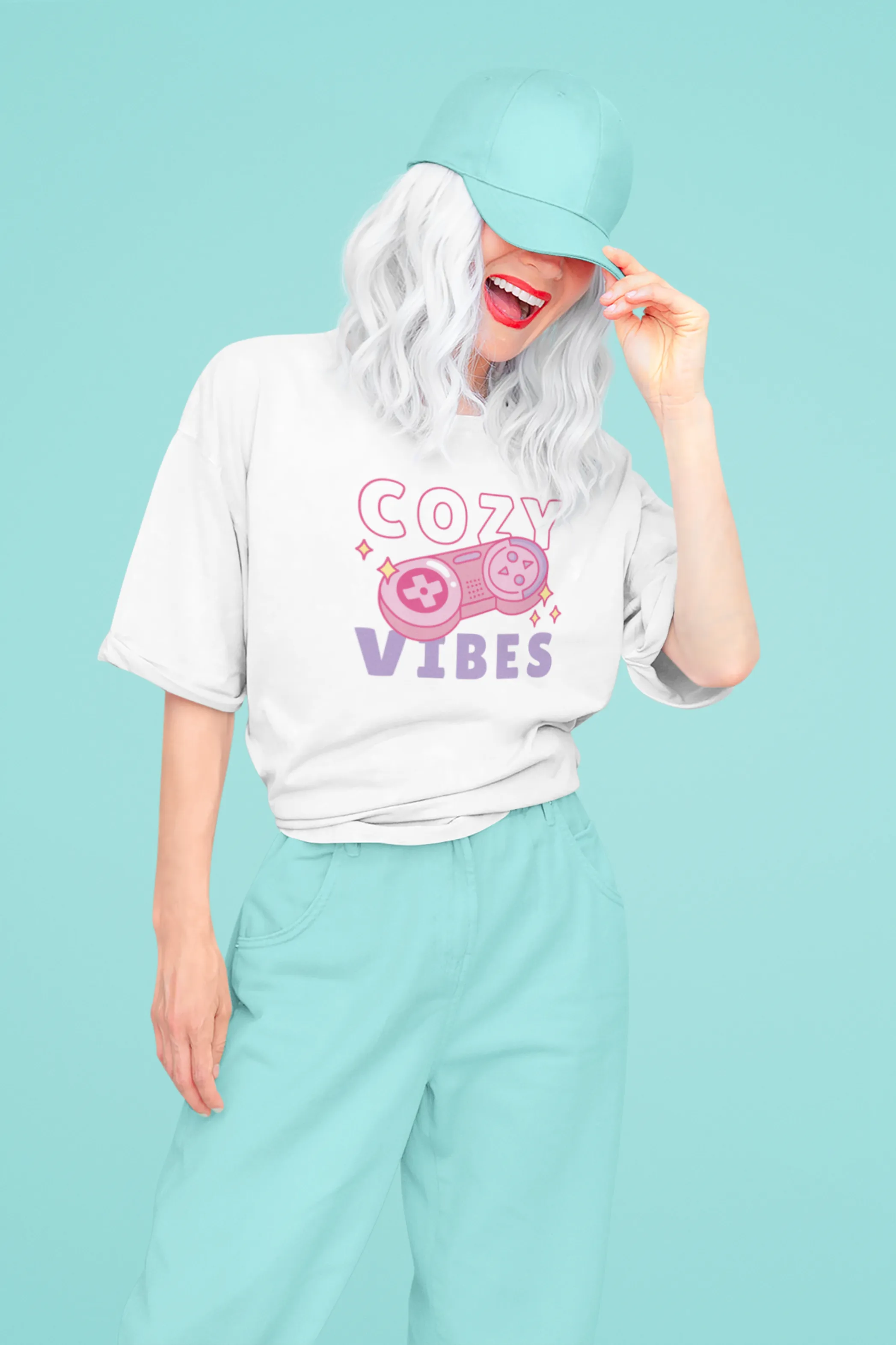 Retro Cozy Vibes White Printed Oversized T-shirt for women