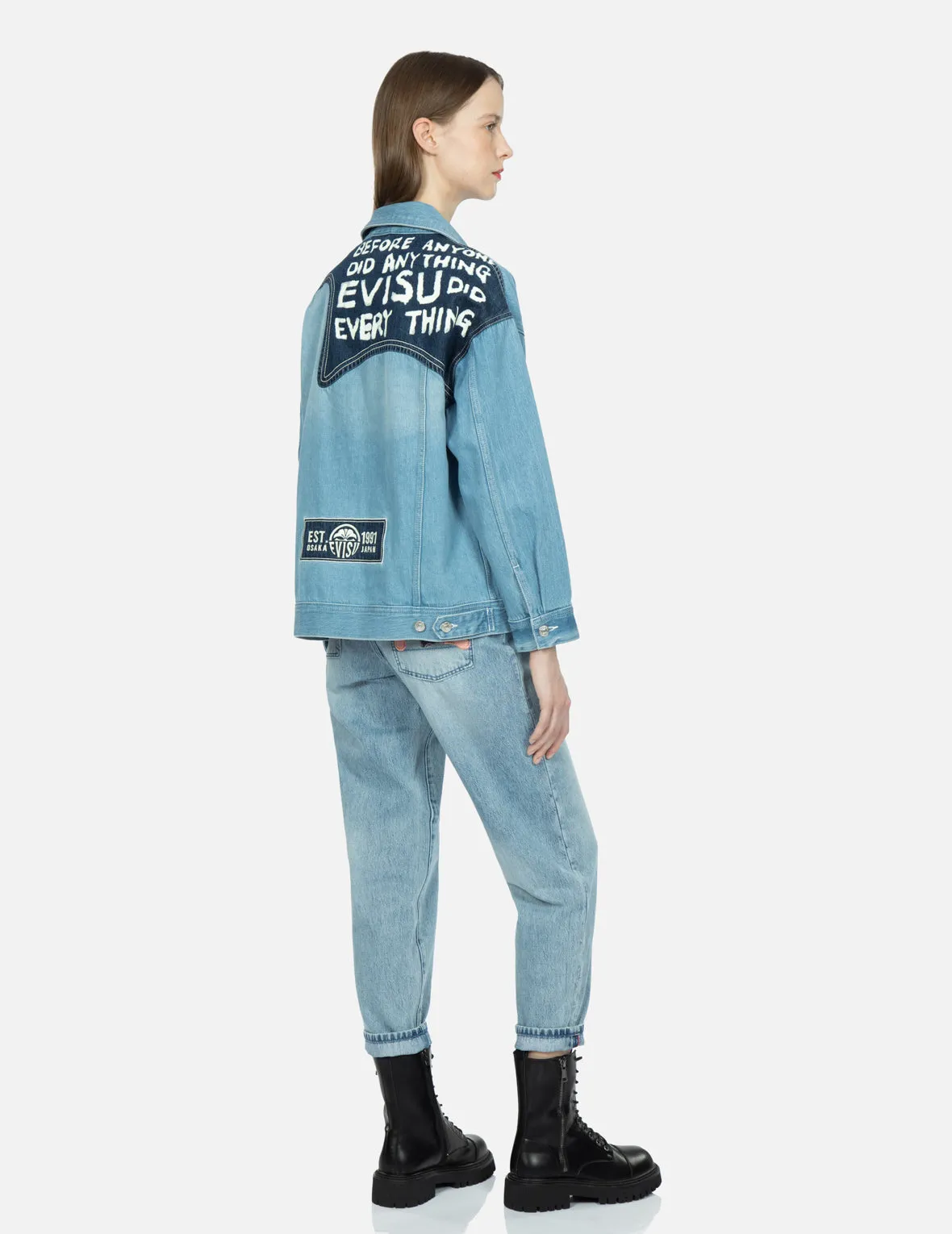 Seagull Embroidery and Slogan-print Blocking Denim Jacket