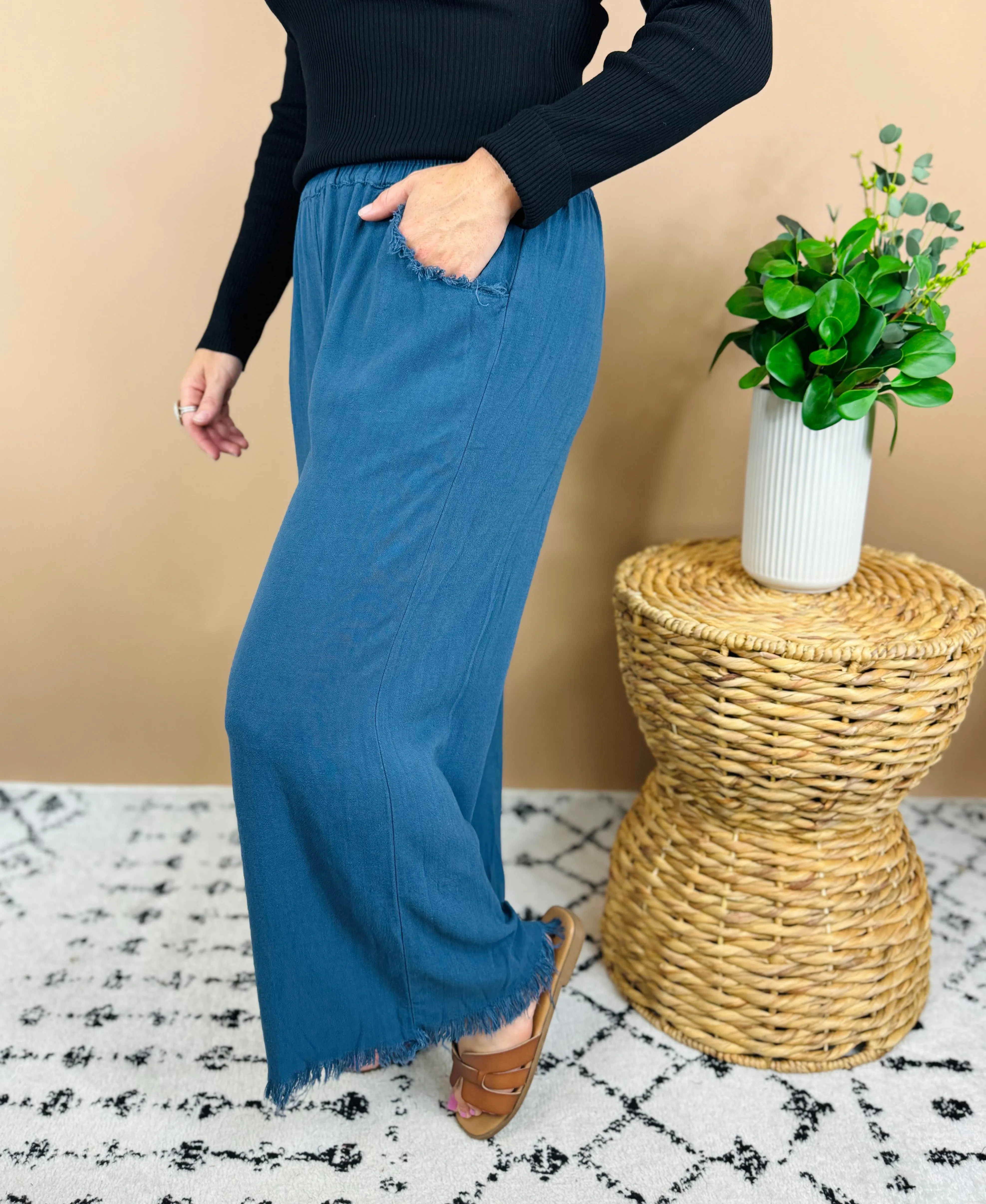 Slate Blue Linen Wide Leg Pants