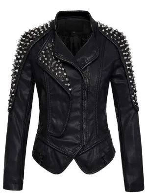 Trendy Silver Spiky Studded Black Leather Jacket for Women