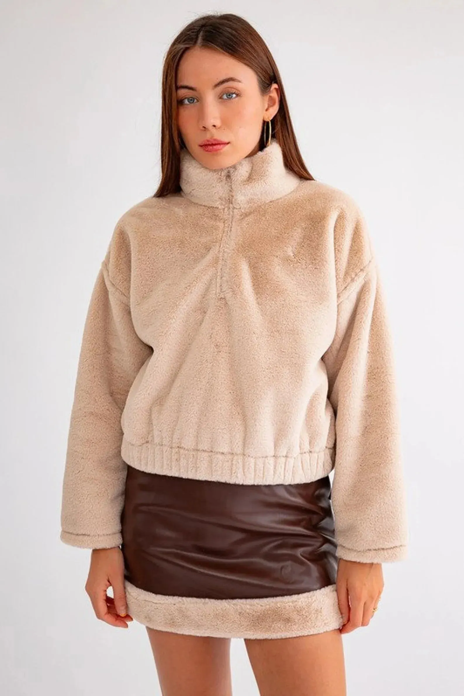 Vegan Fur Trim Faux Leather Mini Skirt