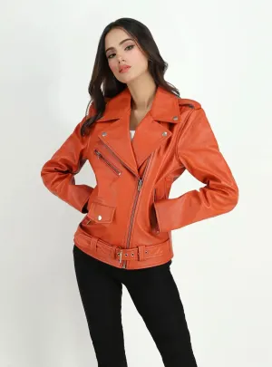 Vibrant Orange Women's Cowhide Biker Jacket