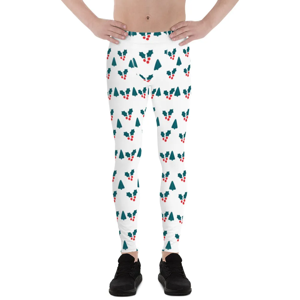 White Christmas Floral Men's Leggings, Holiday Festive Meggings Running Tights-Made in USA/EU