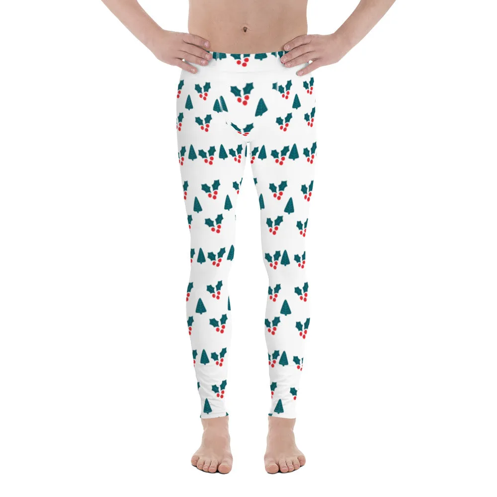 White Christmas Floral Men's Leggings, Holiday Festive Meggings Running Tights-Made in USA/EU