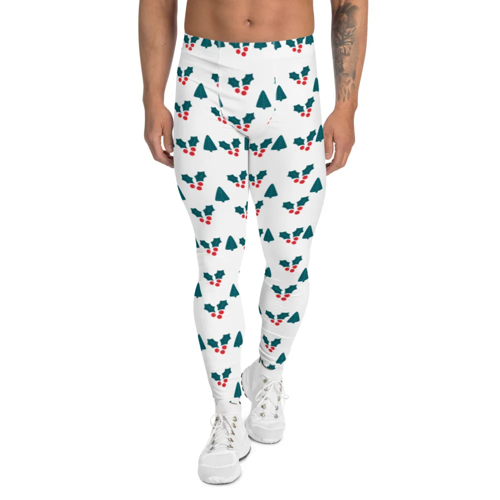 White Christmas Floral Men's Leggings, Holiday Festive Meggings Running Tights-Made in USA/EU