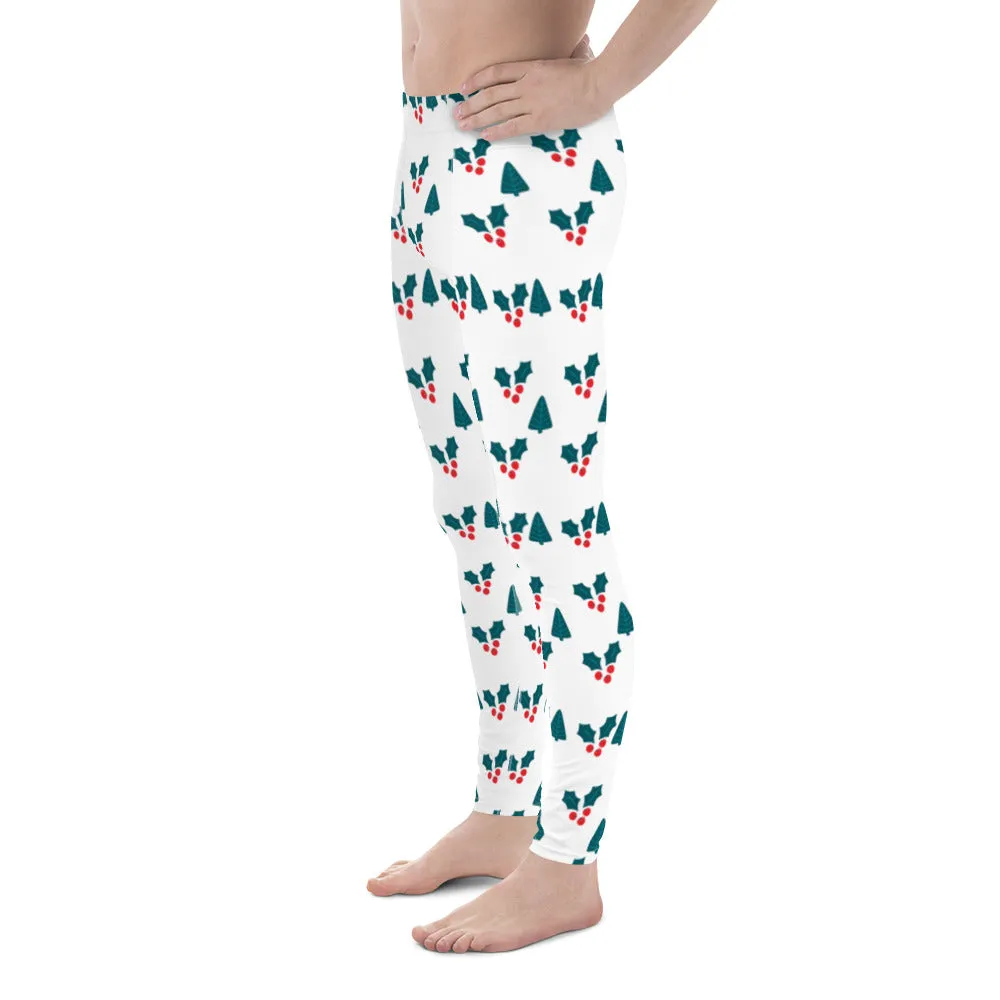 White Christmas Floral Men's Leggings, Holiday Festive Meggings Running Tights-Made in USA/EU