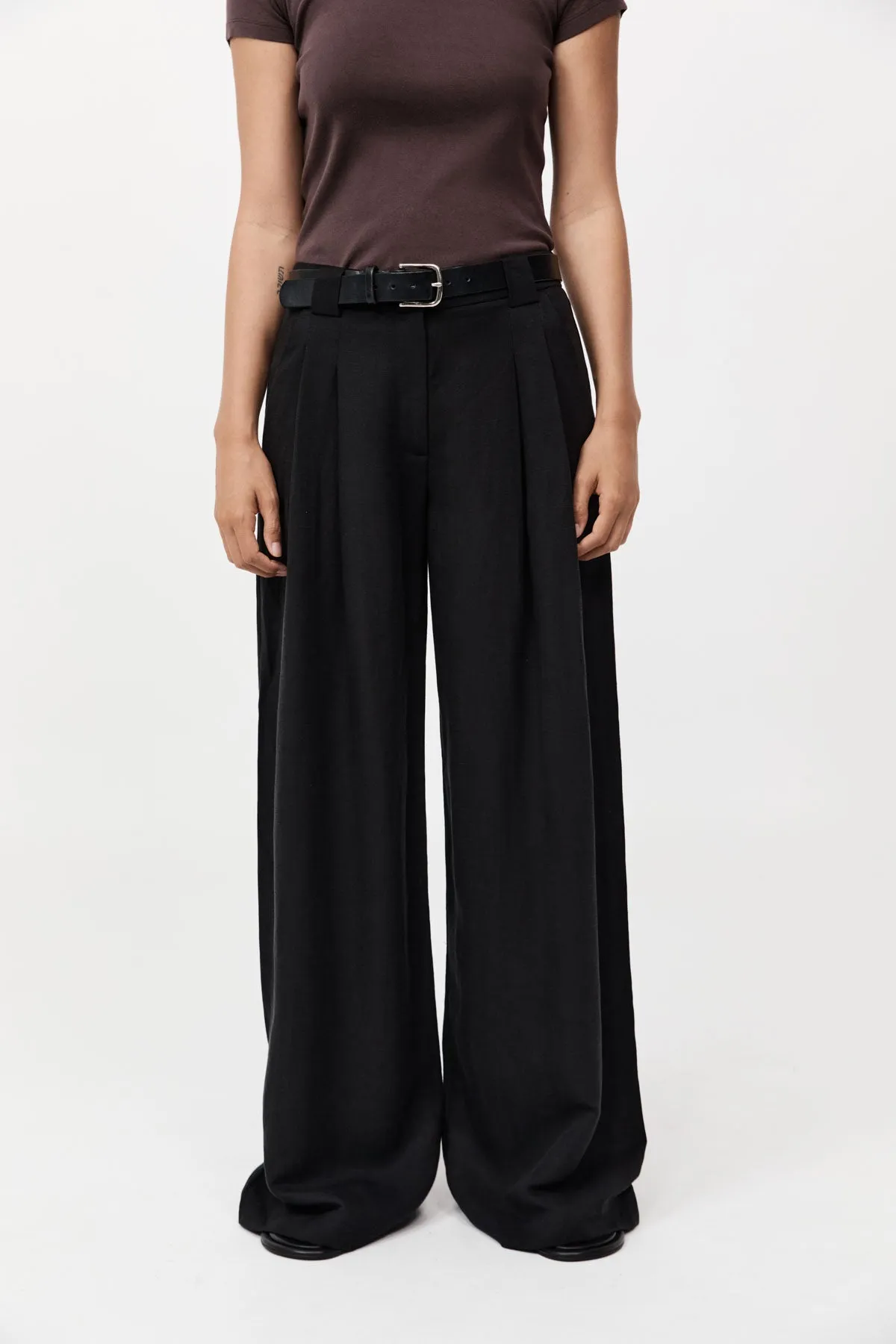 Wide Leg Pleat Pants, Black