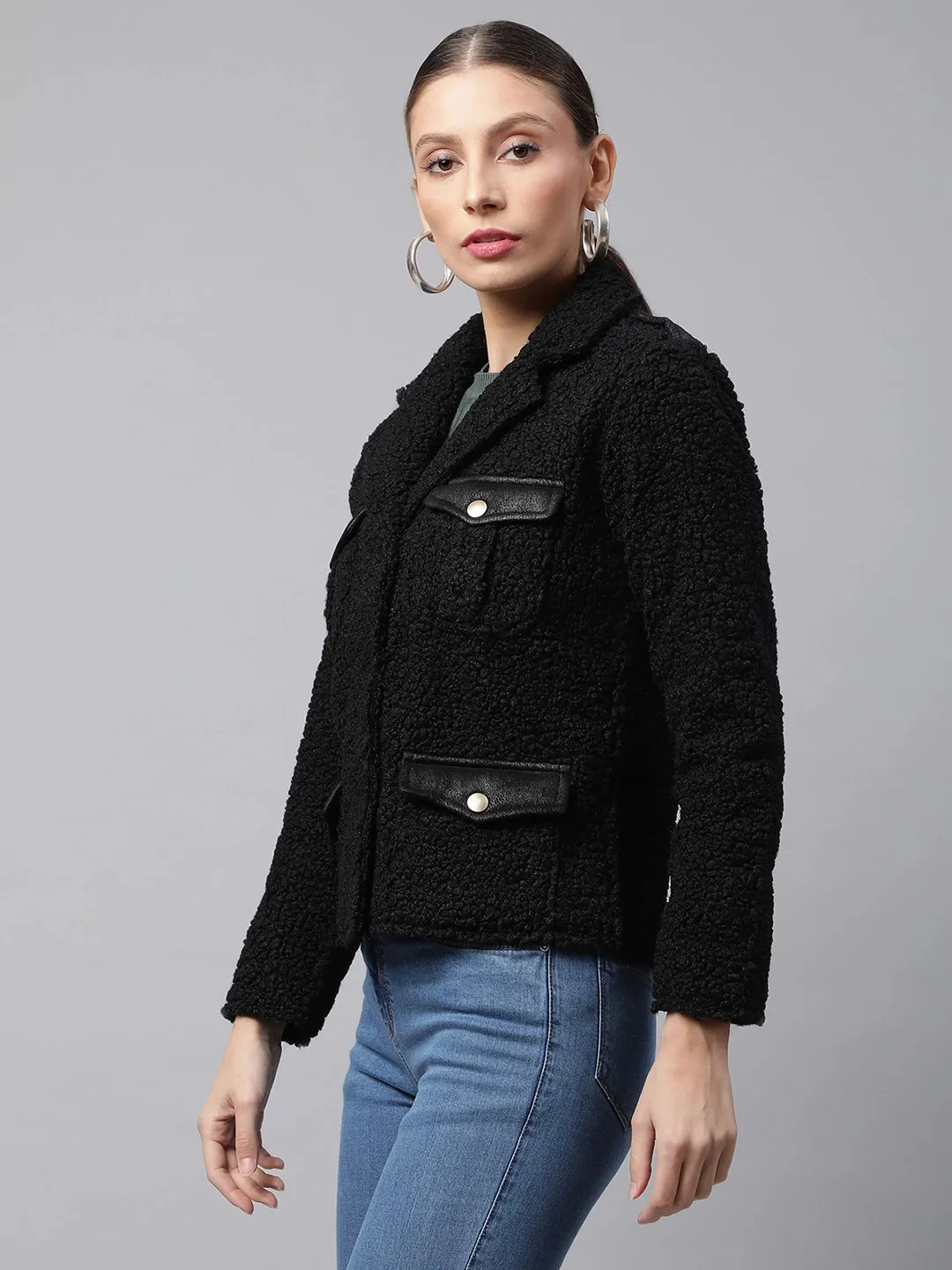 Women Black Lapel Collar Polar Straight Fit Fleece Jacket