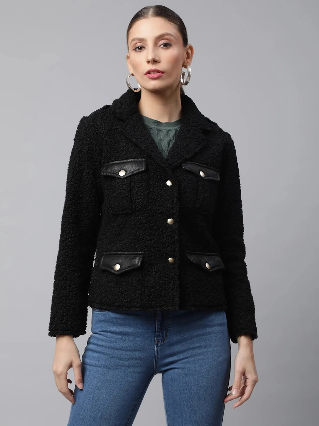 Women Black Lapel Collar Polar Straight Fit Fleece Jacket