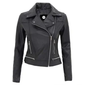 Women Black Quilted Zipper Leather Jacket