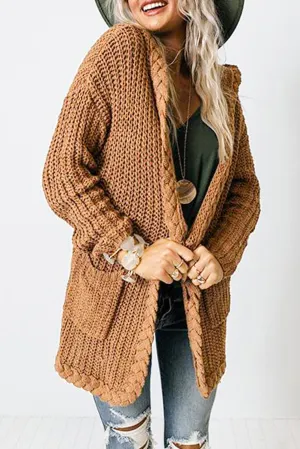 Women Solid Color Cable Knit Cardigan with Pockets