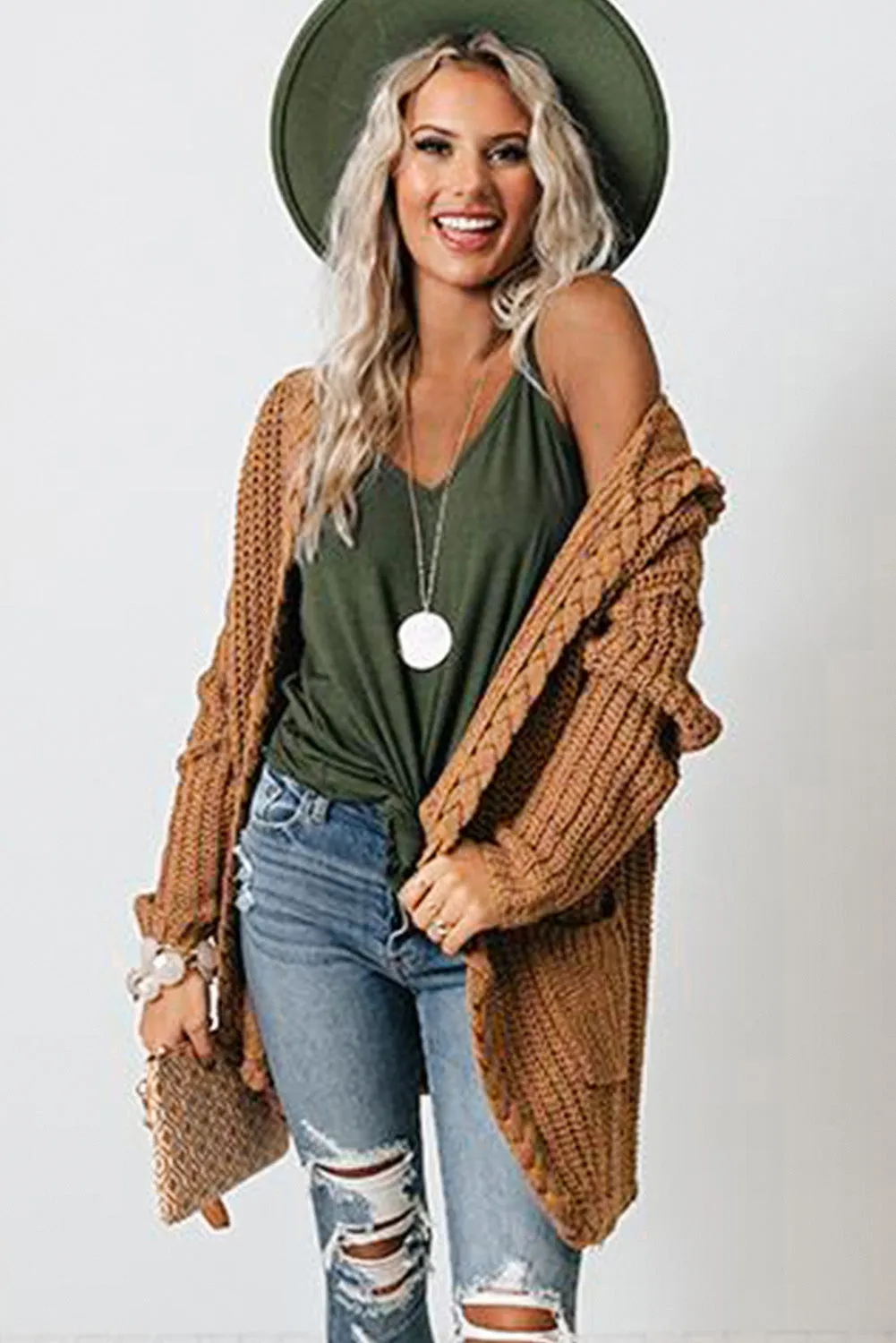 Women Solid Color Cable Knit Cardigan with Pockets