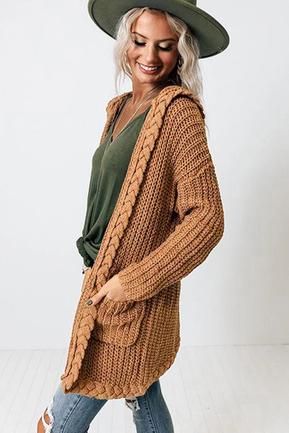 Women Solid Color Cable Knit Cardigan with Pockets