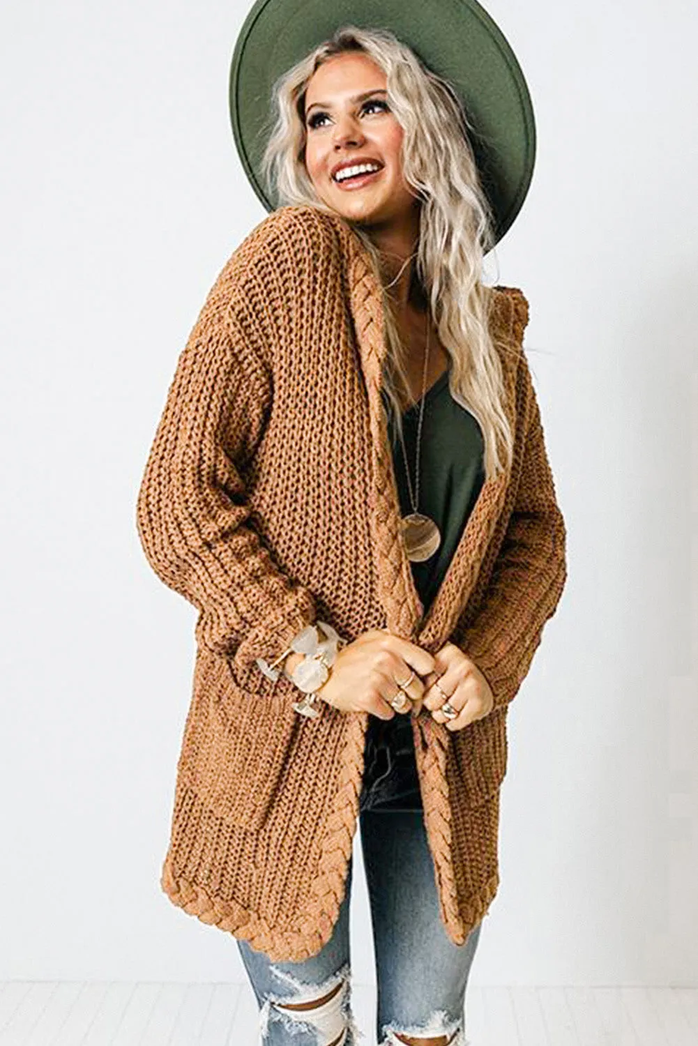 Women Solid Color Cable Knit Cardigan with Pockets