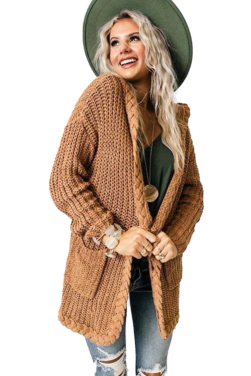 Women Solid Color Cable Knit Cardigan with Pockets