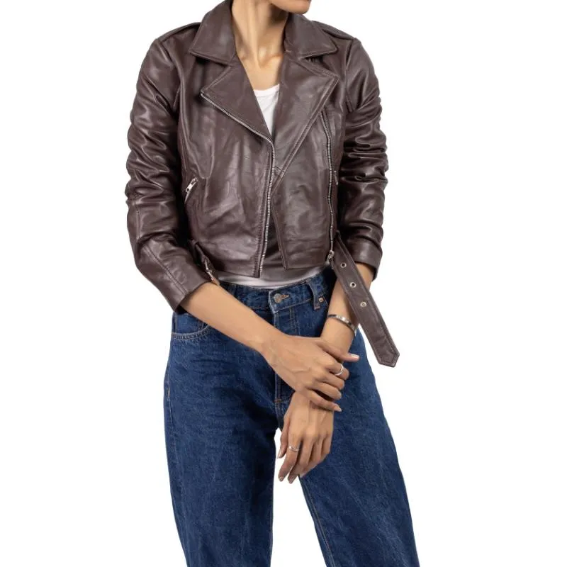 Womens Brown Cropped Leather Jacket