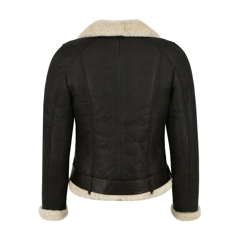 WOMEN'S GENUINE LEATHER FAUX FUR SHEARLING BIKER JACKET