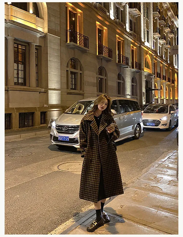 Women's Plaid Long Woolen Trench Coat Jacket